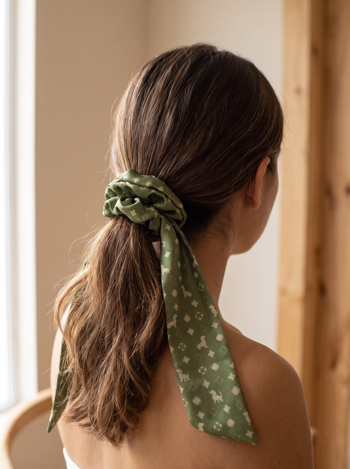 Mujer con scrunchie verde oliva de Dachshund en cola de caballo