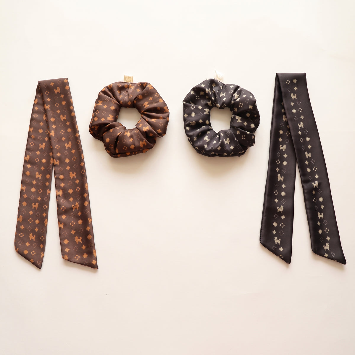 Scrunchies y bandas de Pomerania en negro y chocolate, piezas sueltas